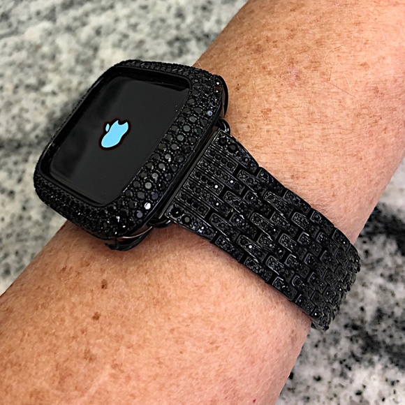New pave Black/Black Apple Watch crystal Band and Lab Diamond Bezel 2 pc set - Picture 2 of 9